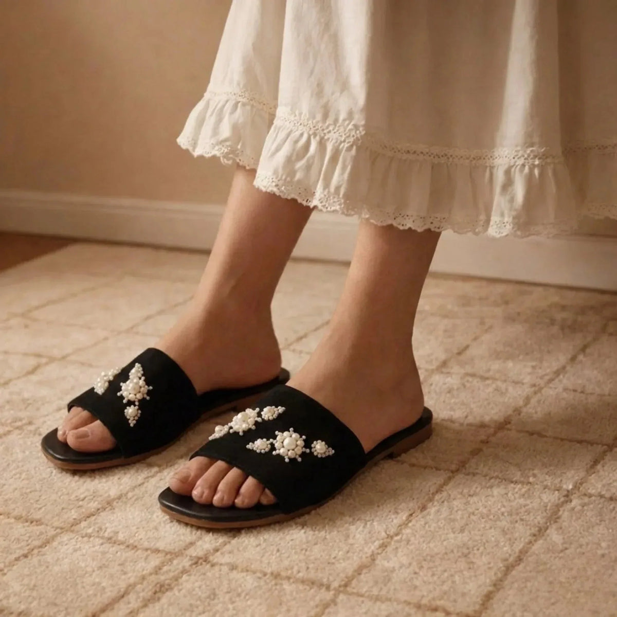 The Luna Grace Pearl Black Embellished Flats Rettrose