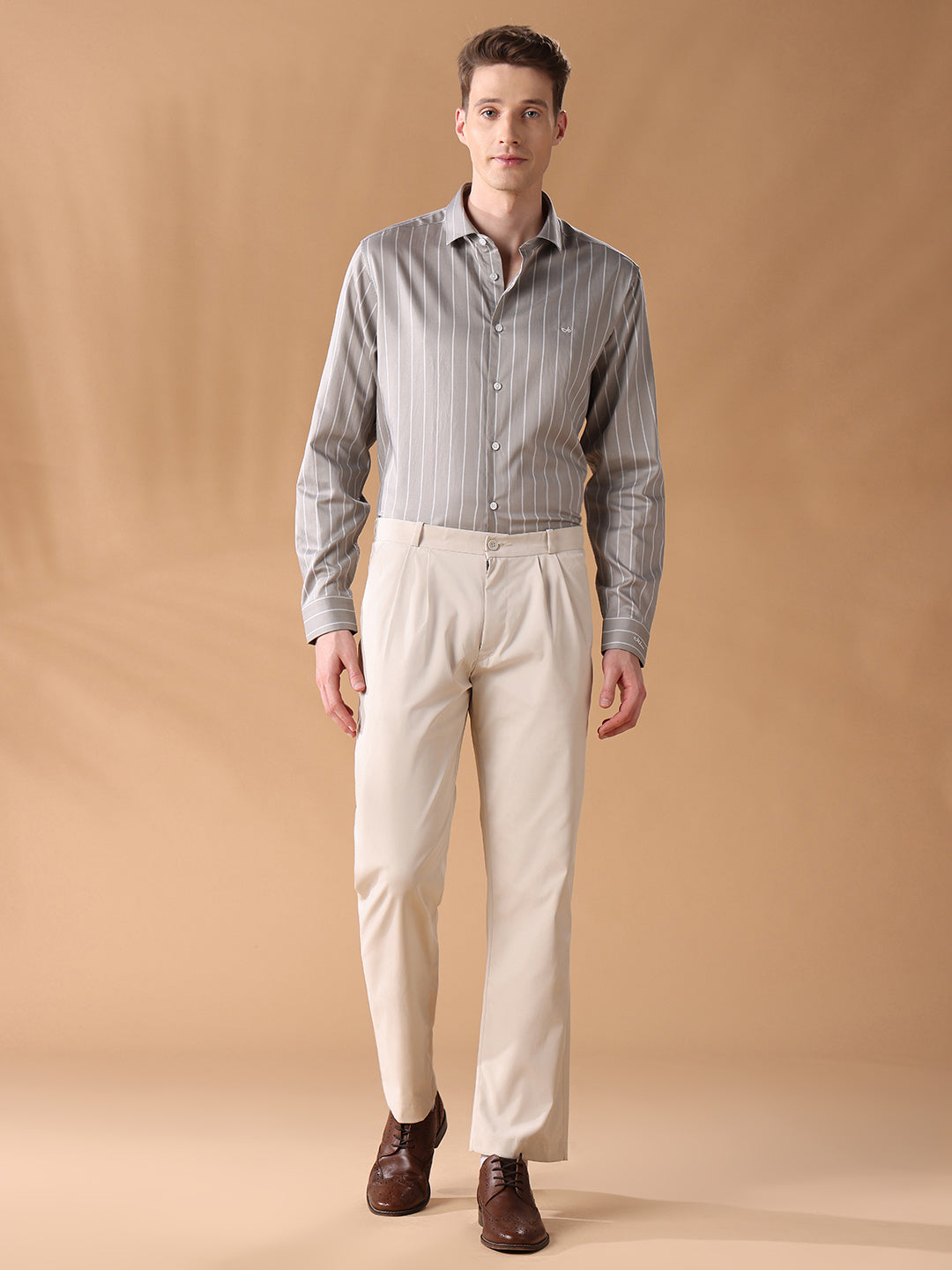 Grey Regular Fit Striped Formal Shirt for Men (FIANA)
