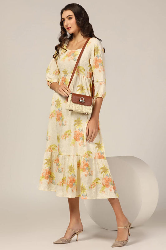 Cream Square Print Bubble Crepe Dress
