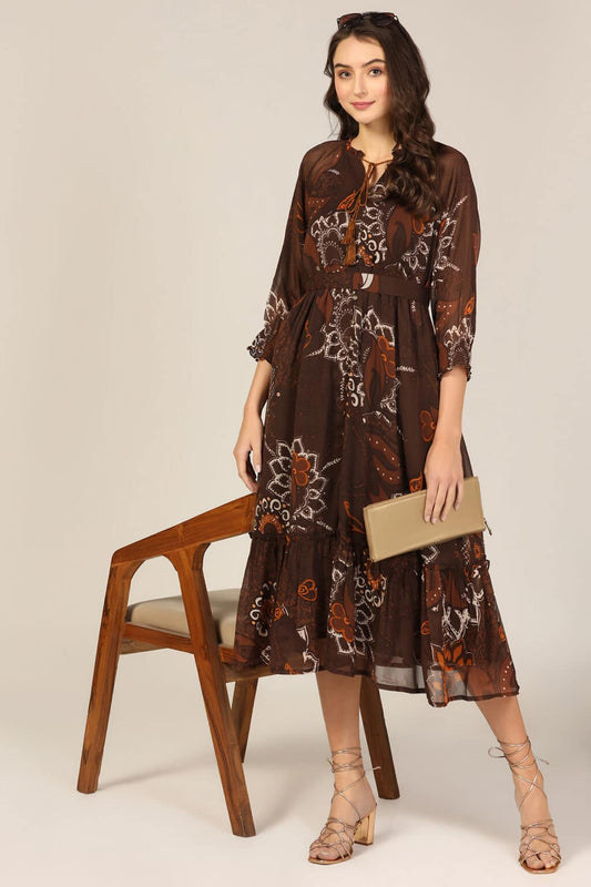Brown Chiffon Printed Dress