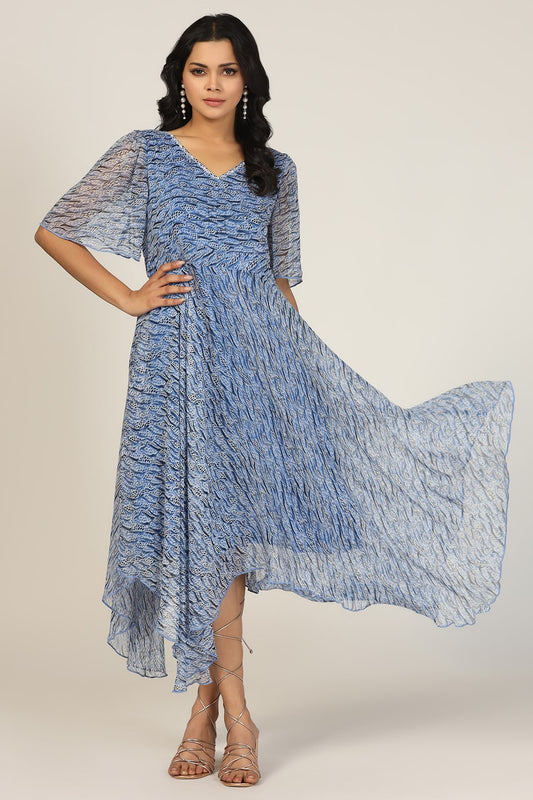 Blue Printed Georgette High-Low Dress