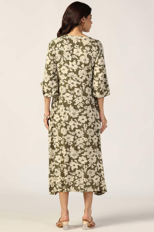 Olive Green & Beige Rayon Crepe Printed Dress