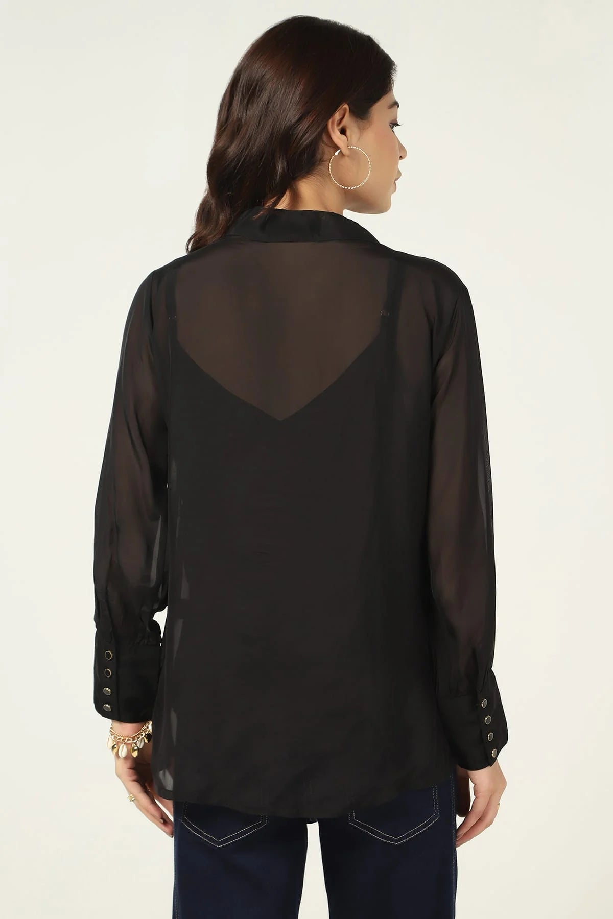 Black Organza Casual Top with String Tie