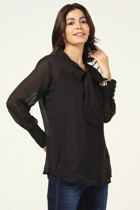 Black Organza Casual Top with String Tie
