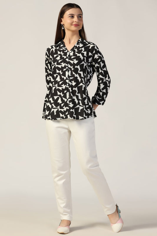 Black & White Printed Rayon Shirt with 3/4th Sleeves