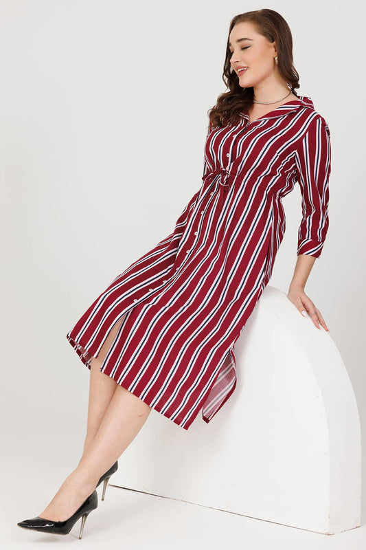 Maroon Striped Rayon Slub Dress with Lapel