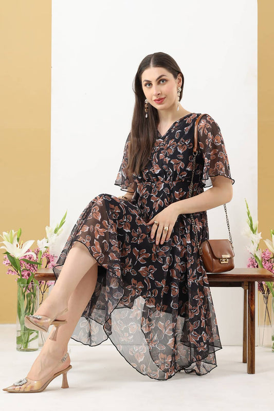 Black Chiffon Printed Dress with V-Neck