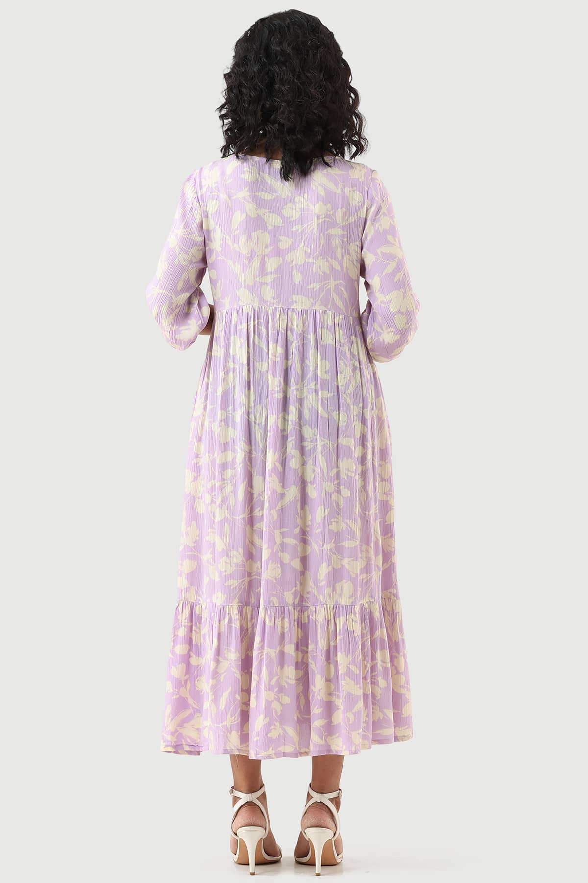 Lavender Printed Rayon Crepe Dress with V-Neck