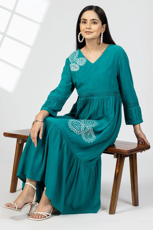 Sea Green Embroidered Calci Crepe Maxi Dress