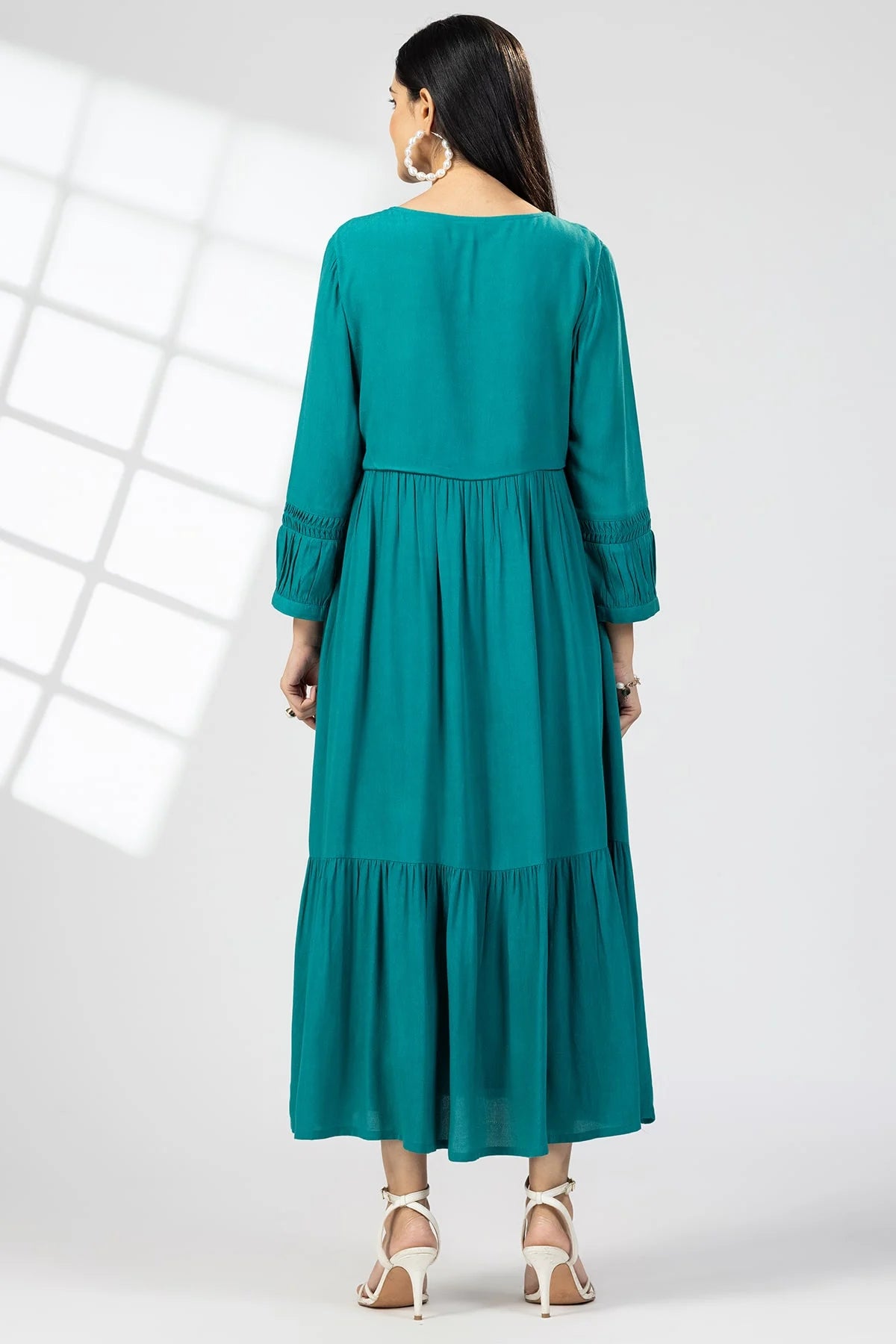 Sea Green Embroidered Calci Crepe Maxi Dress