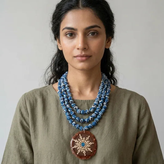 Blue Fabric Beaded Multi Layer Pendant Necklace For Women
