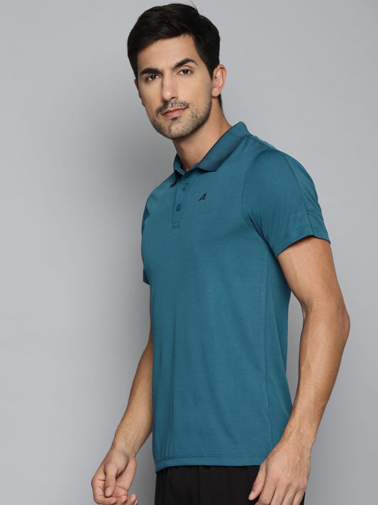 ALCIS Men Teal Blue Polo Collar Slim Fit Running T-shirt