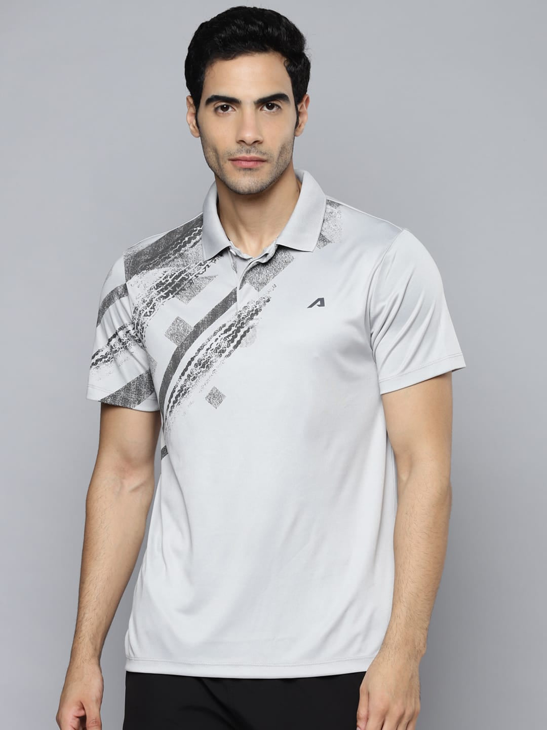 Alcis Men Grey Printed Polo Collar Slim Fit T-shirt