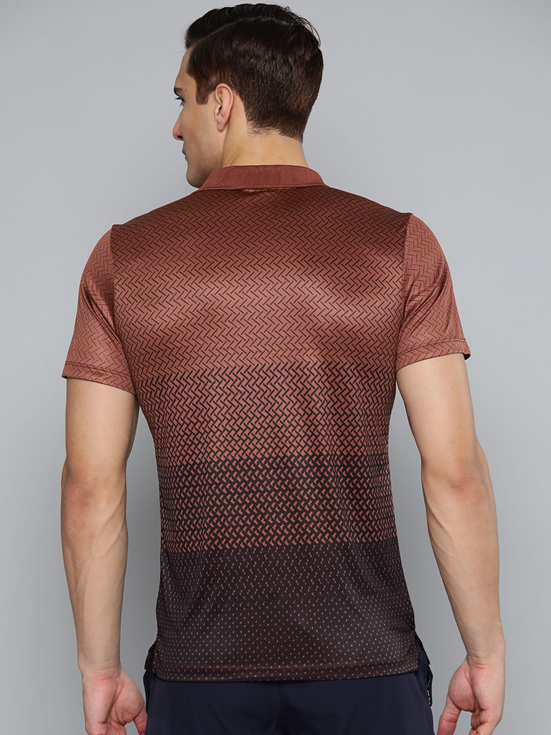 Alcis Men Brown Black Printed Polo Collar Slim Fit Running T-shirt