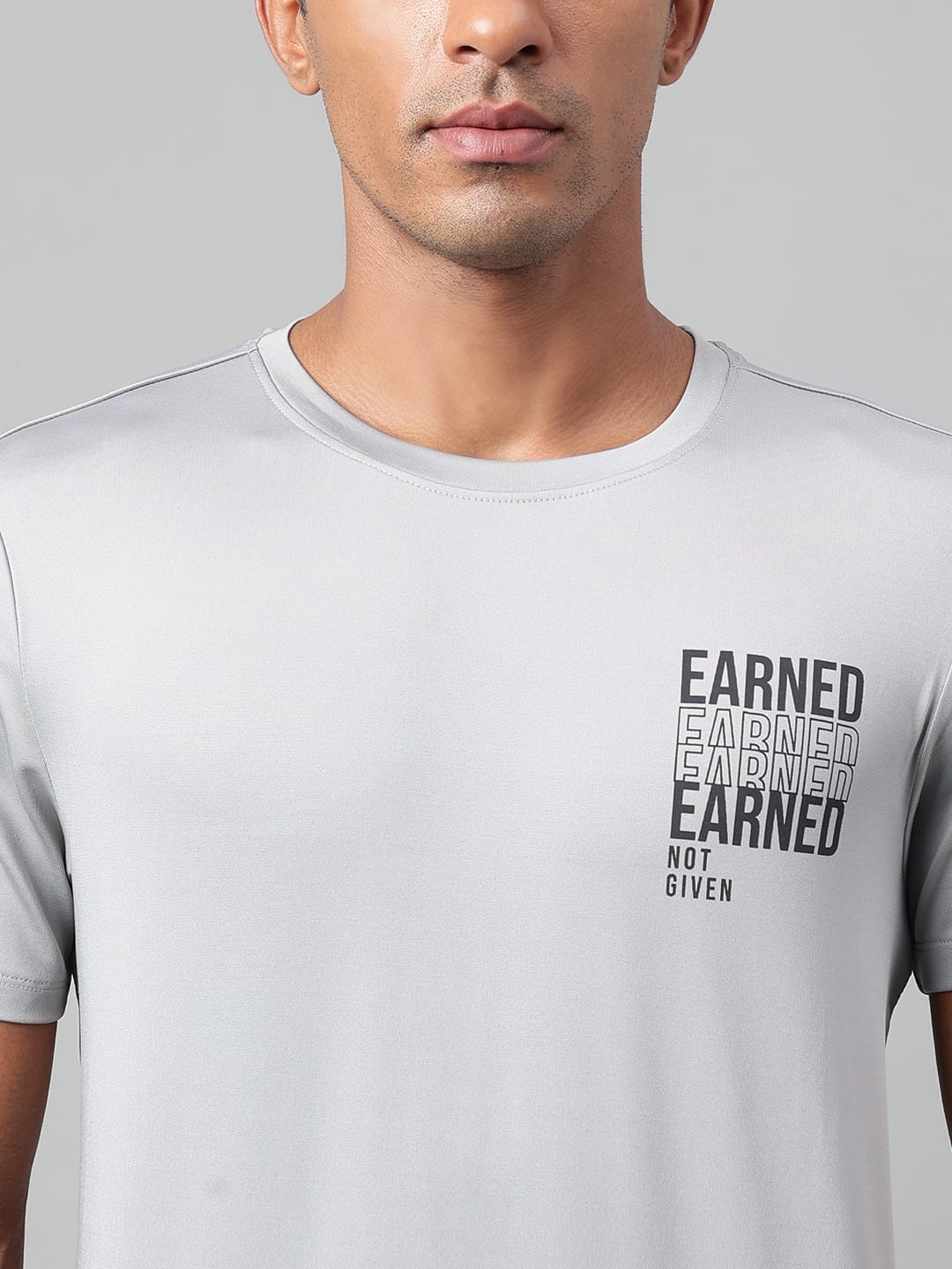 Alcis Men's Printed Grey Anti-Static Drytech+ Slim-Fit Training Tee