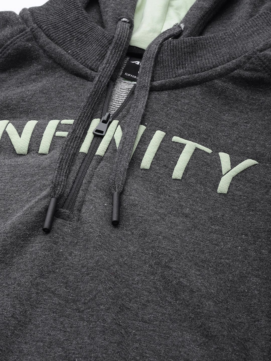 Alcis Women Charcoal Grey White Typography Printed Hooded Sweatshirt
