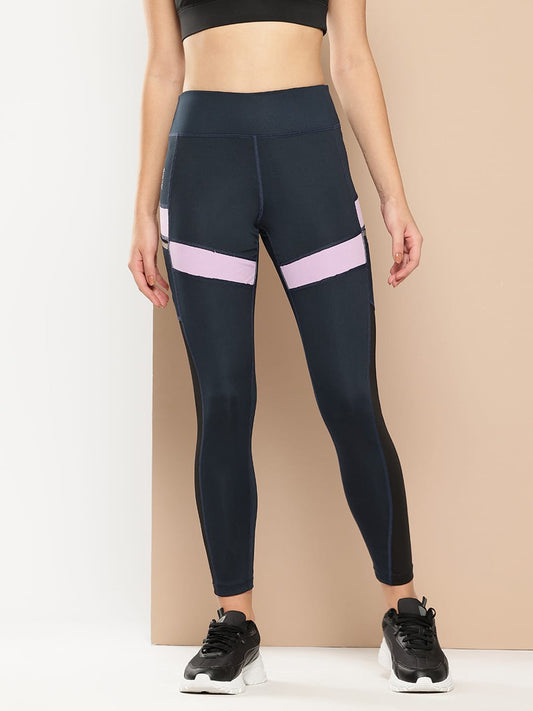 Alcis Women Navy Blue & Black Colourblocked Tights