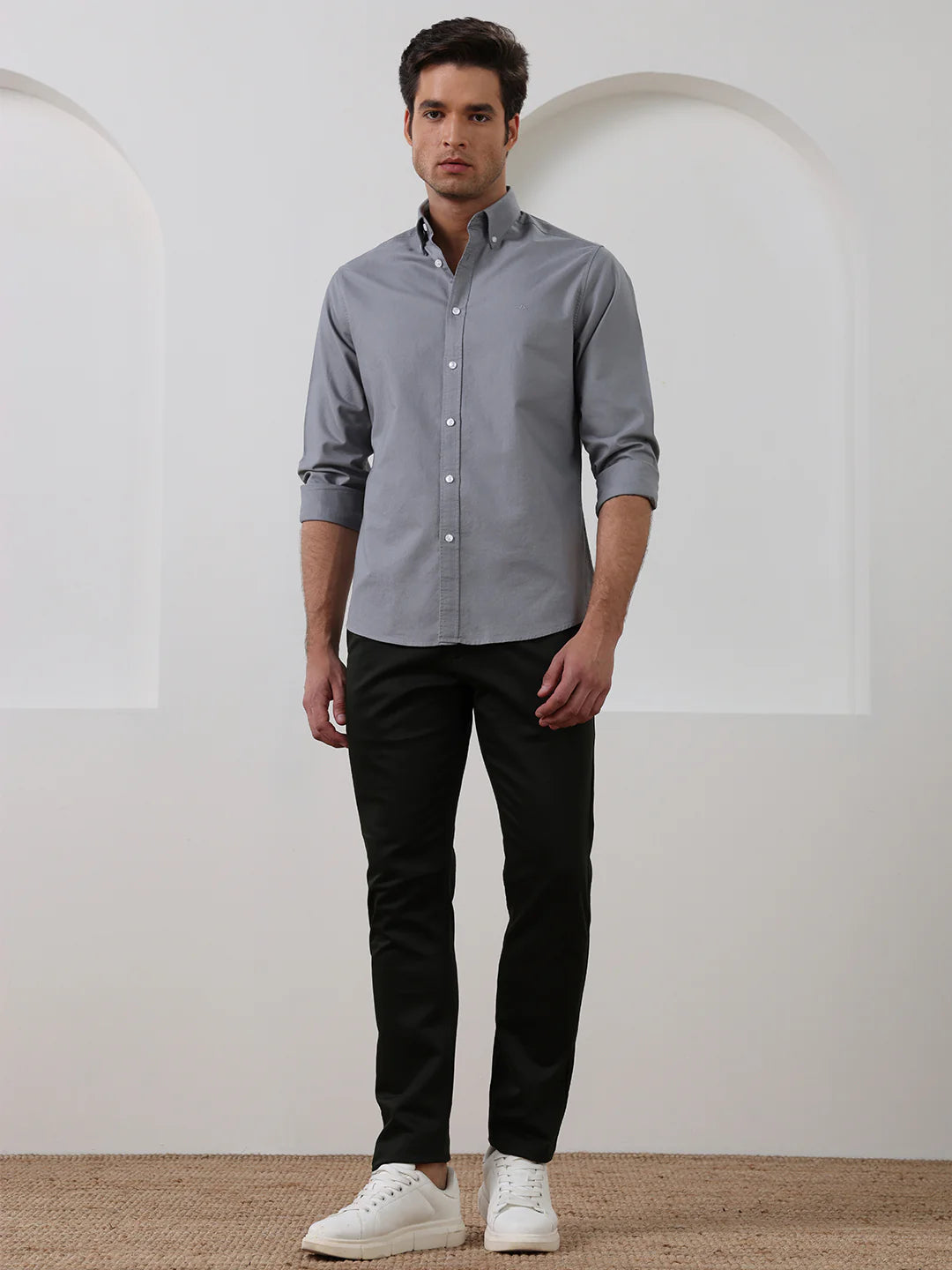 Grey Regular Fit Solid Casual Cotton Shirt