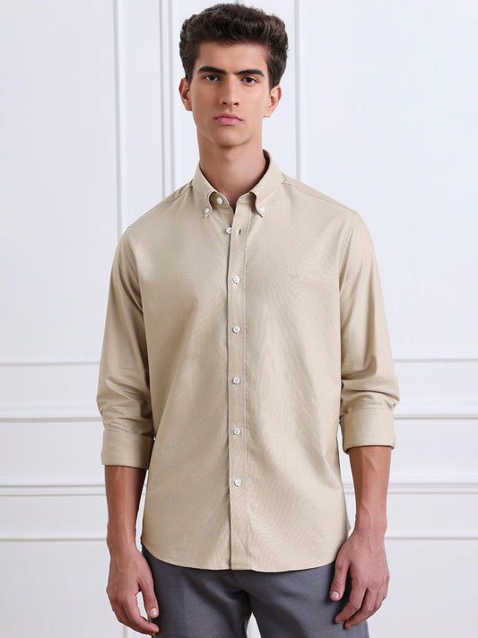Beige Regular Fit Solid Casual Cotton Shirt
