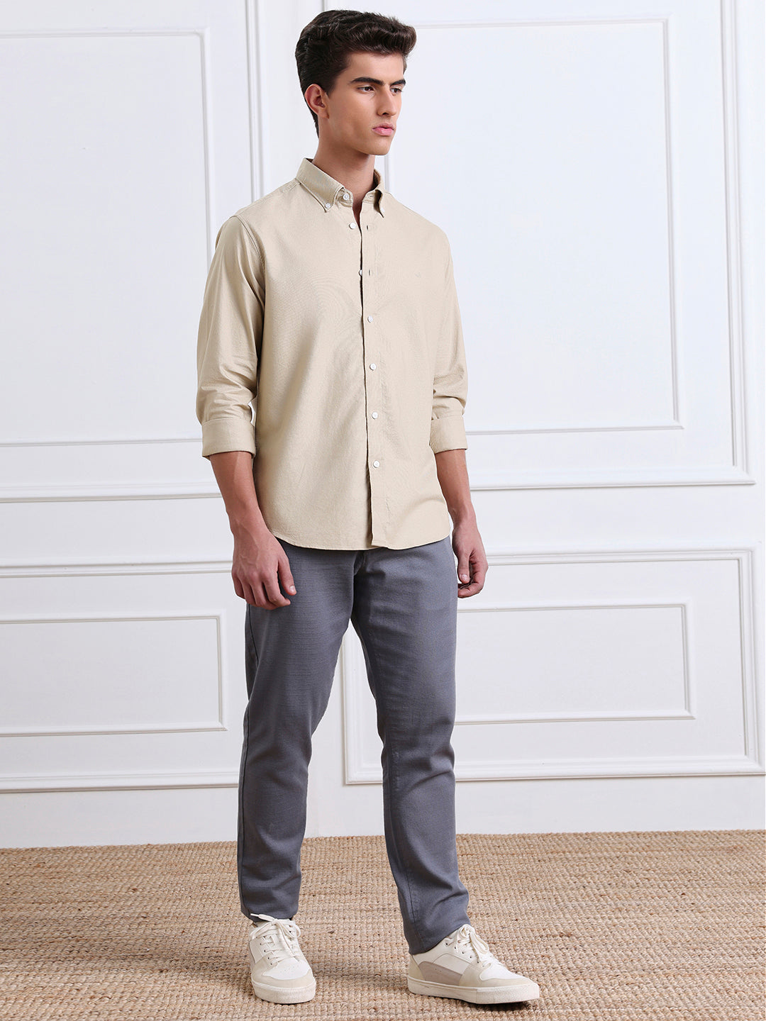 Beige Regular Fit Solid Casual Cotton Shirt