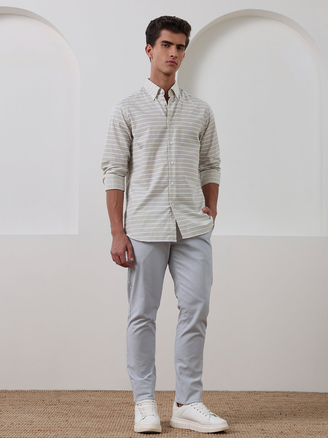 Beige Regular Fit Striped Casual Cotton Shirt for Men (CHIUS)