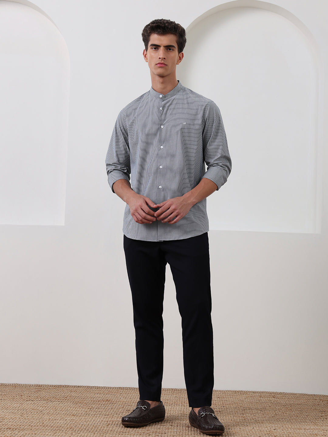 Grey Regular Fit Striped Casual Cotton Shirt for Men (CURO)