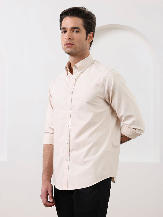 Beige Regular Fit Solid Casual Cotton Shirt for Men (LELON)