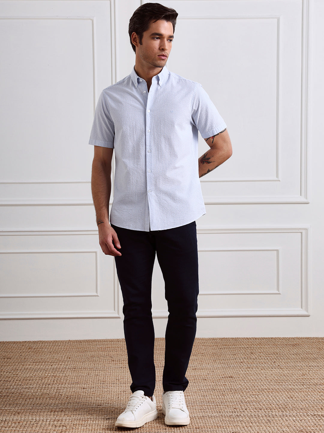 Blue Regular Fit Striped Casual Cotton Blend Shirt for Men