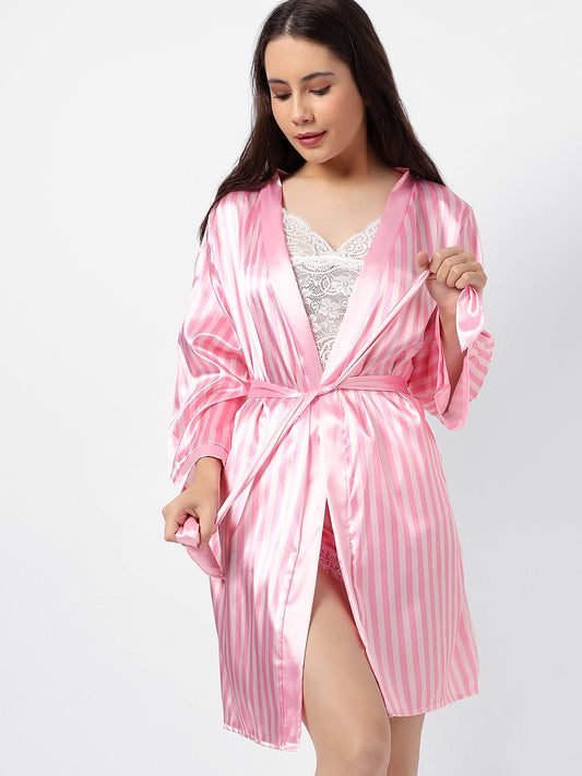 Solid Crop Top, Short & Coat Satin Night Wear Set