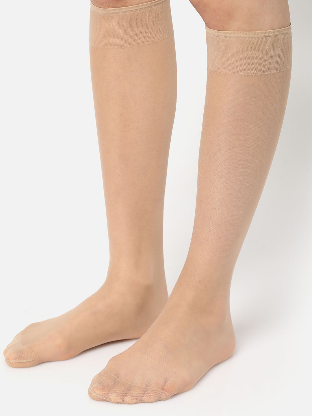 Beige Solid Knee High Stockings