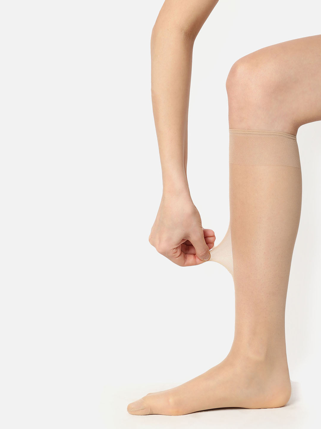 Beige Solid Knee High Stockings