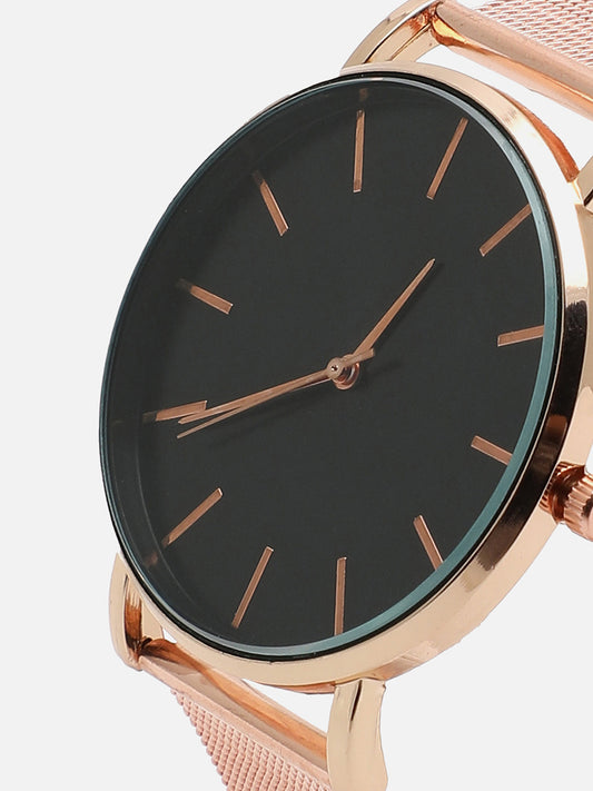 Black Analog Round Dial With Gold Metal Mesh Strap Watch & Bracelets
