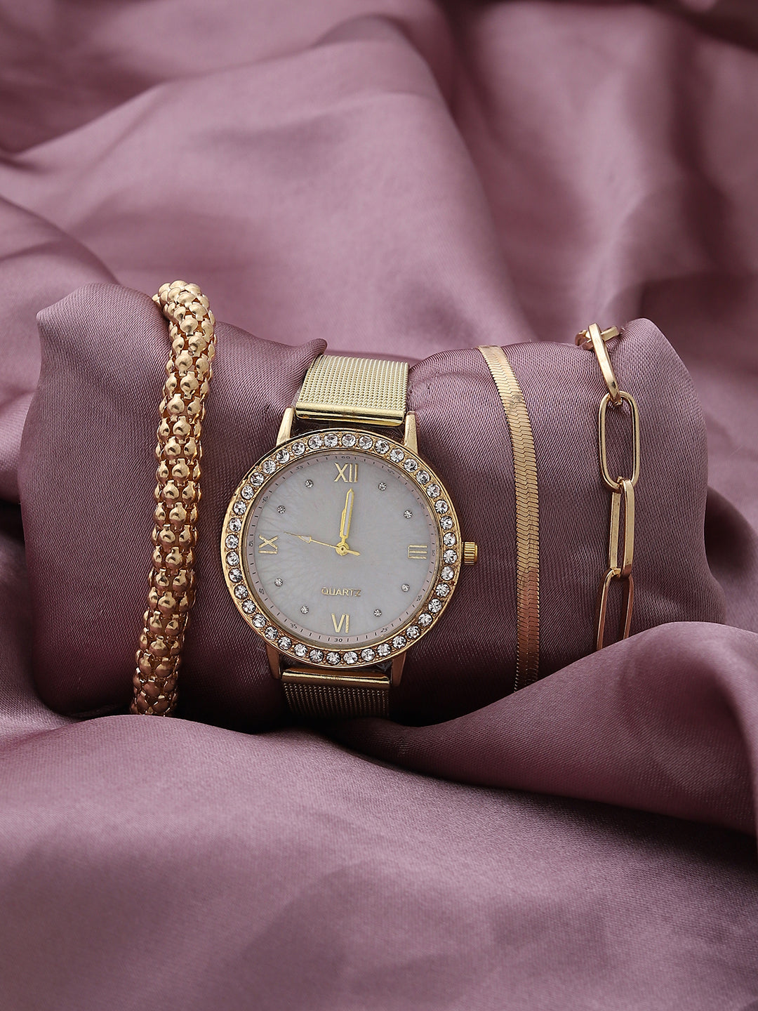 White Embellished Analog Round Dial & Gold Metal Strap Watch & Bracelets