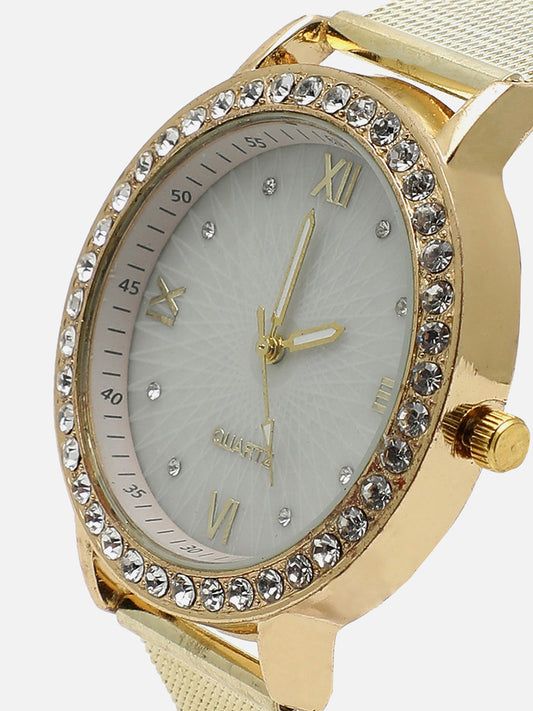 White Embellished Analog Round Dial & Gold Metal Strap Watch & Bracelets