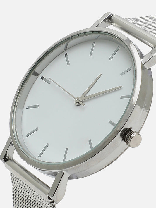 White Analog Round Dial With Silver Metal Mesh Strap Watch & Bracelet