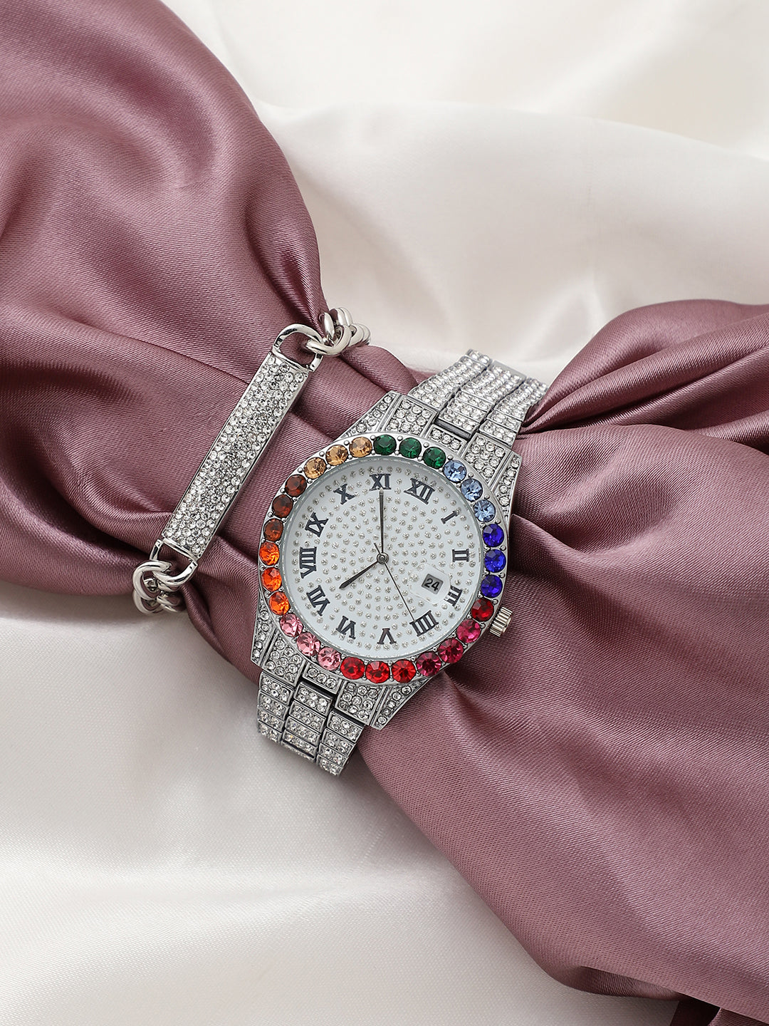 White Embellished Analog Round Dial With Crystal Stones Silver Metal Strap Watch & Bracelet