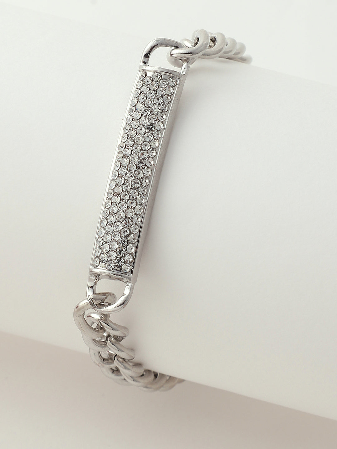 White Embellished Analog Round Dial With Crystal Stones Silver Metal Strap Watch & Bracelet