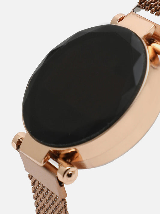 Black Digital Diamond Cut Round Dial & Gold Mesh Metal Strap Watch & Bracelet