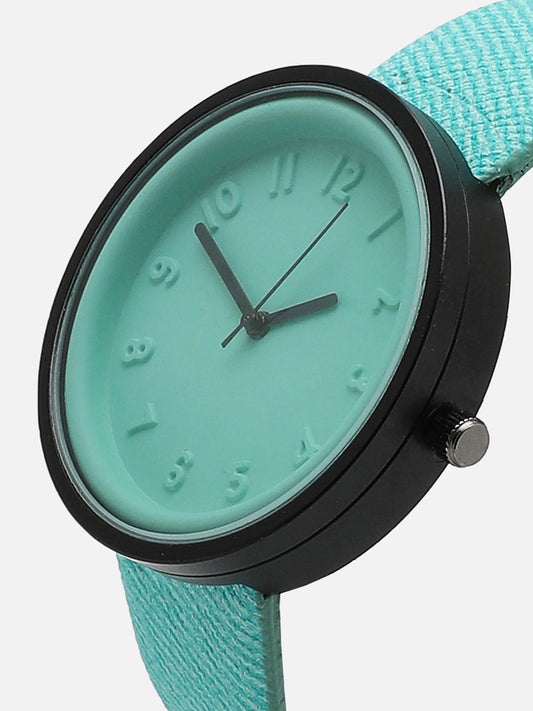 Blue Analog Round Dial With Black Hour Marker & Blue Leather Strap Watch & Bracelets