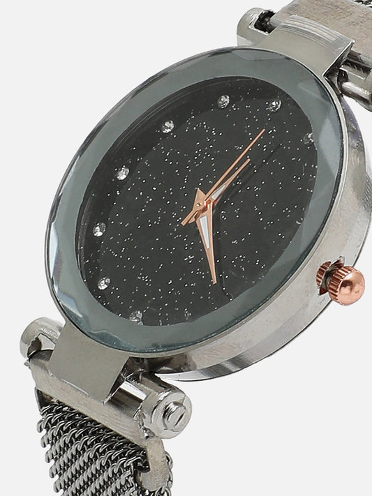 Black Embellished Analog Round Dial With Space Grey Metal Mesh Strap Watch & Bracelets