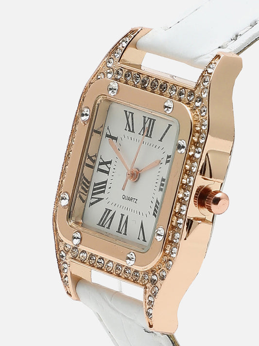 White Embellished Analog Square Dial With White Leather Strap Watch & Bracelet