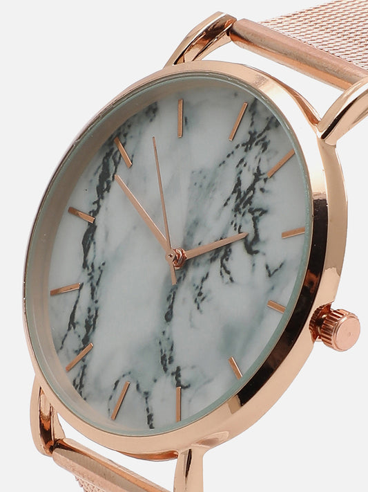White Marble Analog Round Dial With Gold Metal Mesh Strap Watch & Bracelets
