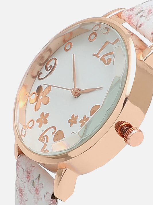 Beige Decorative Analog Round Dial With Floral Printed Leather Strap Watch & Bracelets