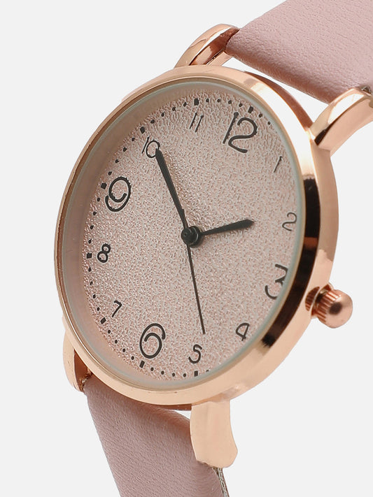 Dusky Pink Analog Round Dial With Pink Leather Strap Watch & Bracelet