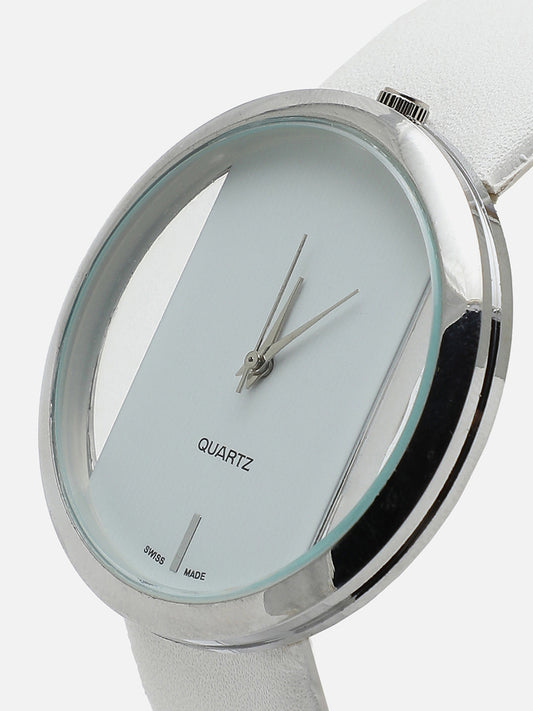Transparent Analog Round Dial With White Leather Strap Watch & Bracelet