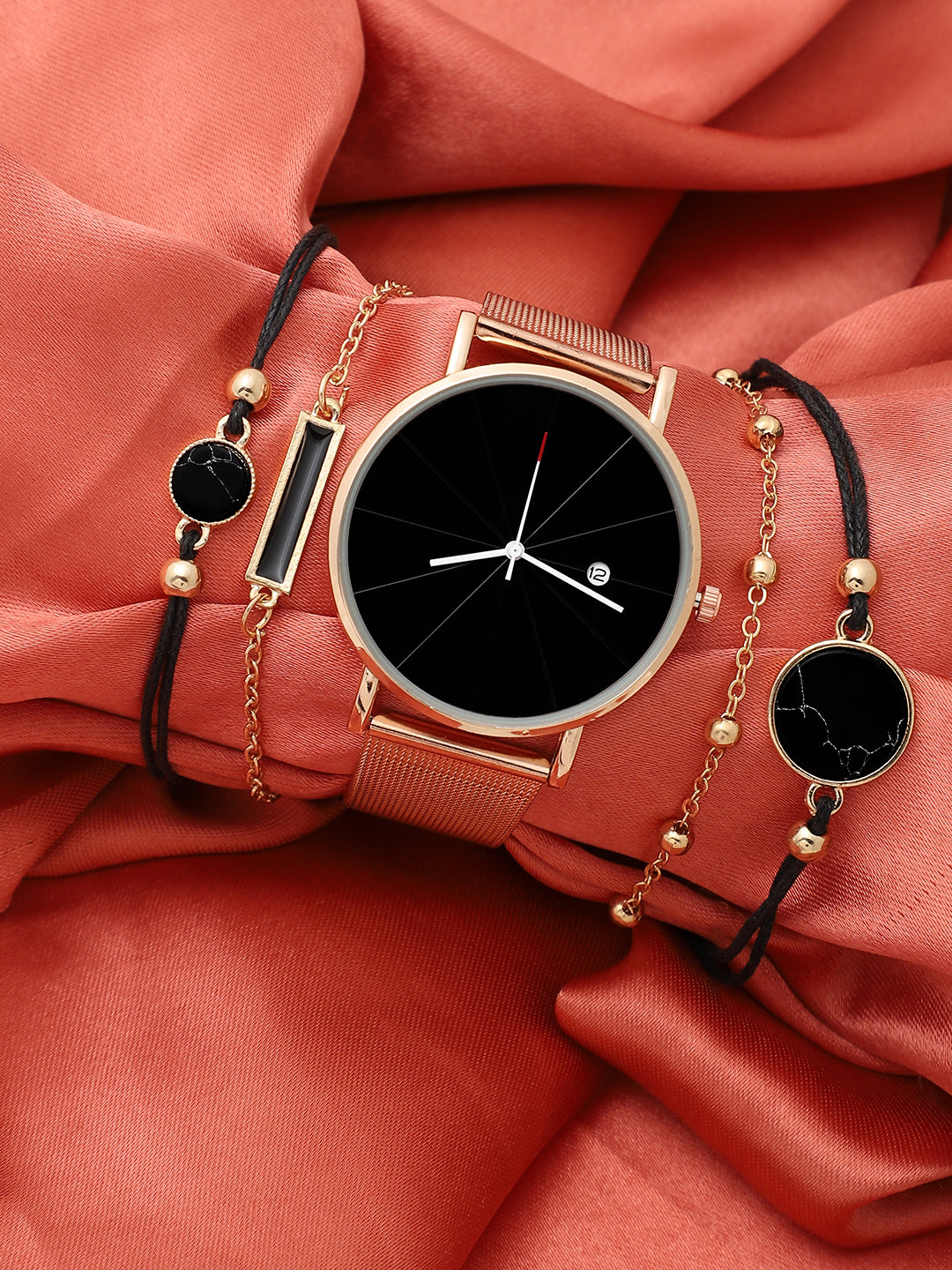 Black Analog Round Dial With Rose Gold Metal Mesh Strap Watch & Bracelets