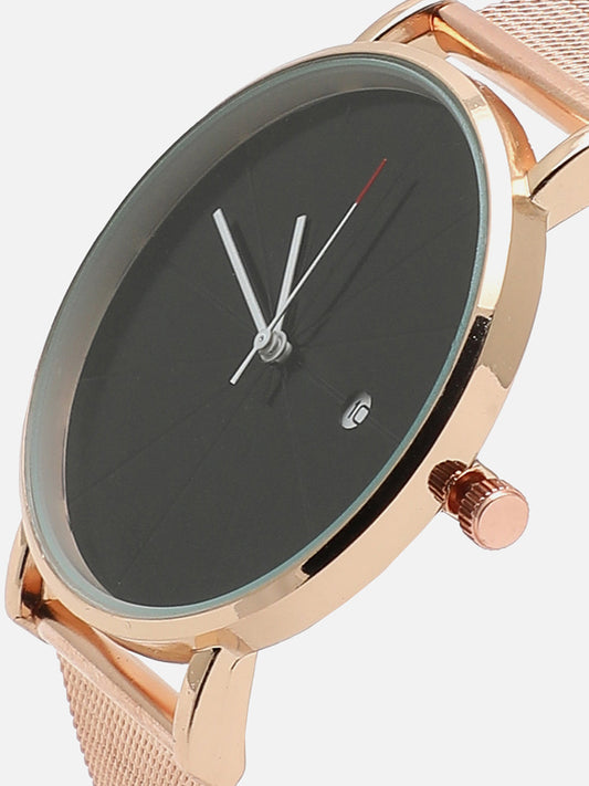 Black Analog Round Dial With Rose Gold Metal Mesh Strap Watch & Bracelets