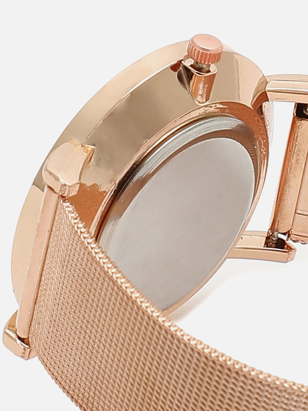 Black Analog Round Dial With Rose Gold Metal Mesh Strap Watch & Bracelets