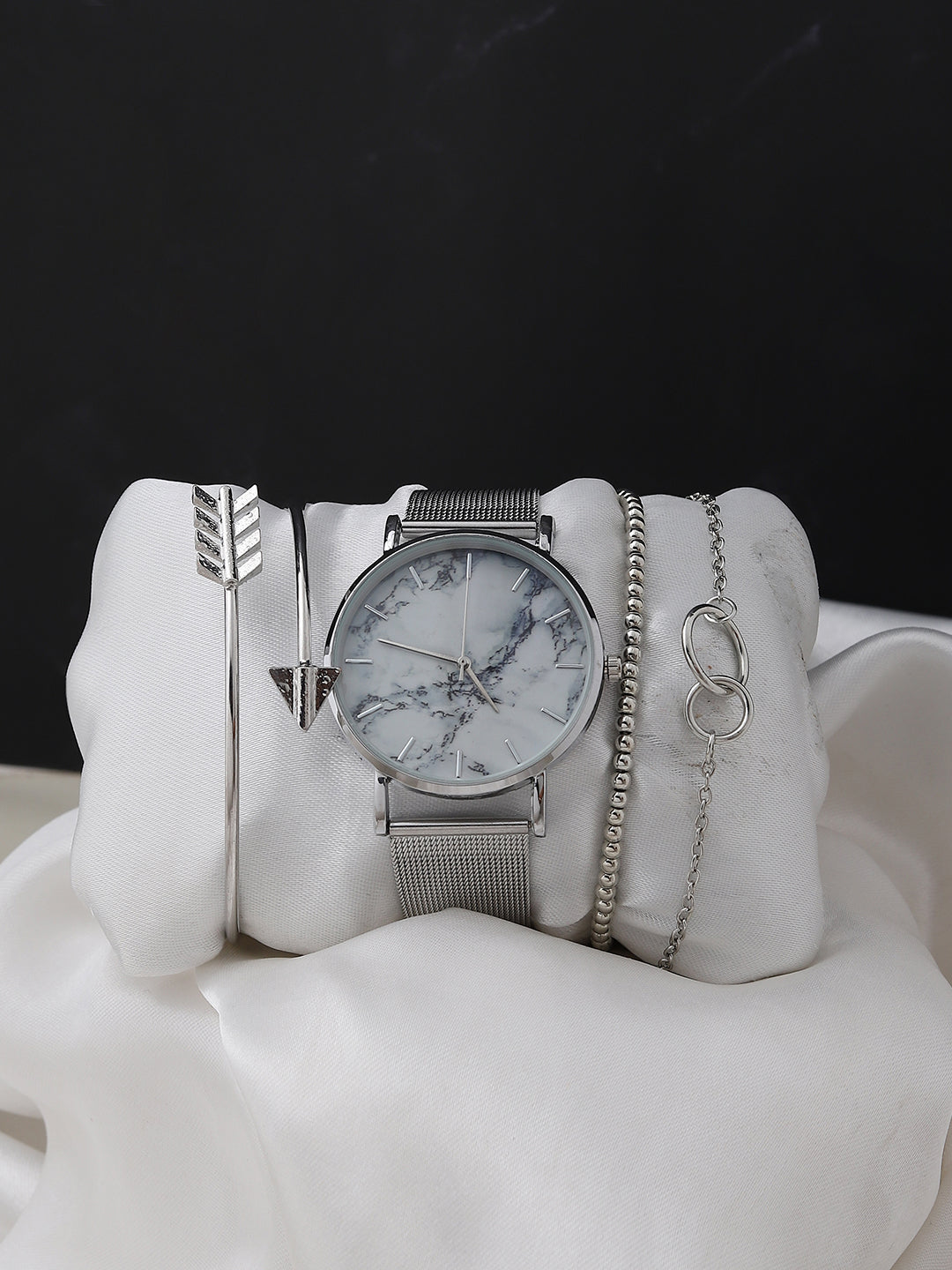 White Marble Analog Round Dial With Silver Metal Mesh Strap Watch & Bracelets