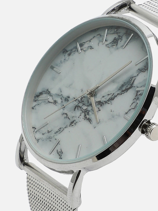 White Marble Analog Round Dial With Silver Metal Mesh Strap Watch & Bracelets